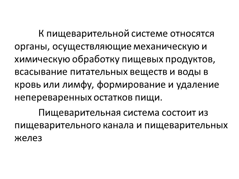 К пищеварительной системе относятся органы, осуществляющие механическую и химическую обработку пищевых продуктов, всасывание питательных
